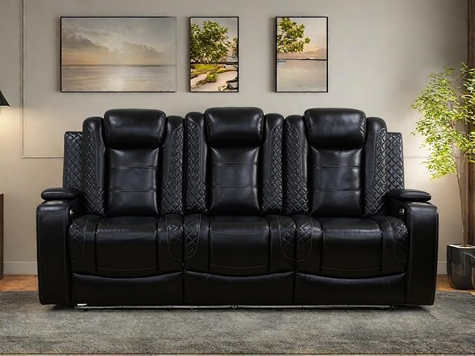 Leather Recliner Sofa Couch, 3-Seater Home Theater Seating Reclining Sofa, Power Reclining Couch with Cup Holders & Drop Down Table for Living Room Furniture Sets, Black
