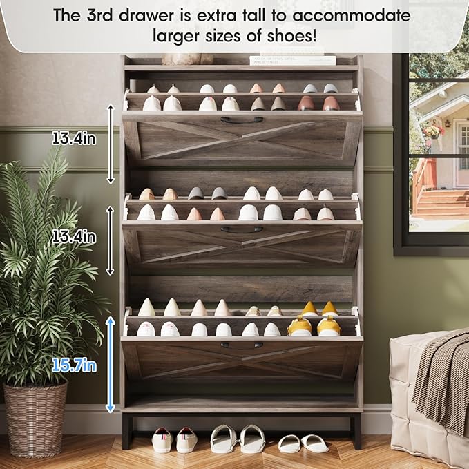 Maupvit Shoe Storage Cabinet with 3 Flip Drawers, Freestanding Organizer with Metal Legs for Entryway, Narrow Shoe Rack Cabinet, Washed Gray