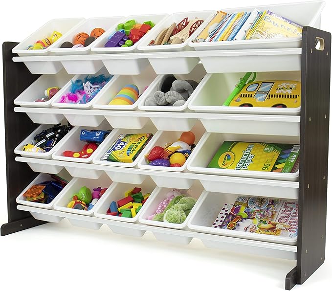 Humble Crew Extra-Large Toy Organizer with 20 Plastic Bins – White/Espresso Storage Rack with 4-Tier Shelves, Anti-Tip Safety, for Kids’ Rooms, Playrooms, Nurseries & Classrooms