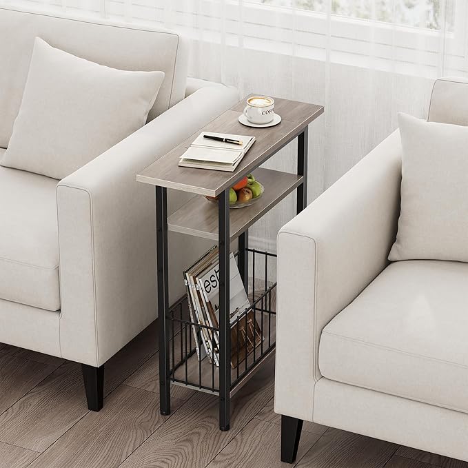 Vagusicc Narrow Side Table, Skinny Side Table for Couch, 3-Tier Small End Table for Small Spaces, Bed Side Tables with Storage, 25.2" Tall Slim Nightstand Bedside table for Living Room Bedroom, Greige