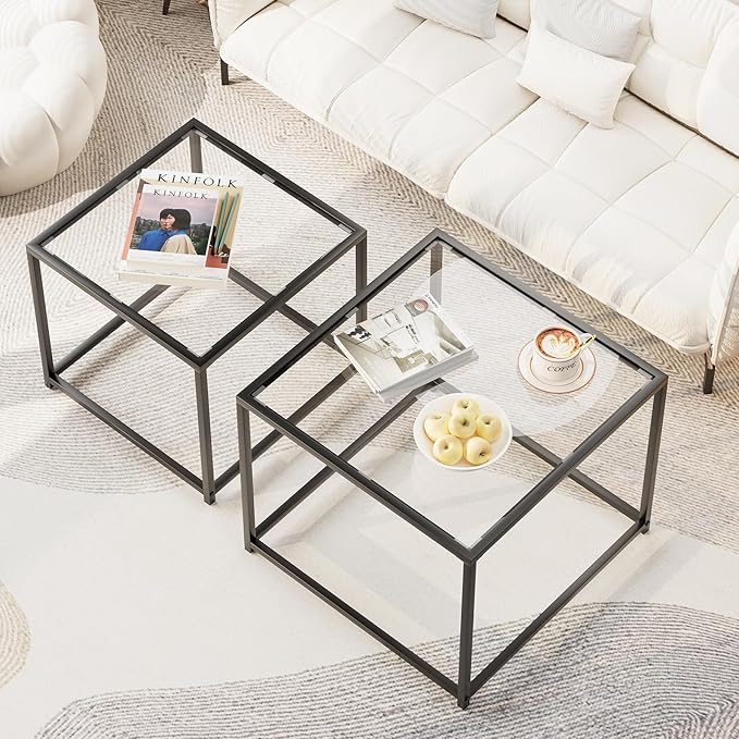 Garden 4 you Coffee Table Set of 2, Modern Glass Nesting Table, Metal Frame Square Center Table Set, Side Tables, Nesting Coffee Table for Living Room, Bedroom and Small Spaces, 23.6in Black