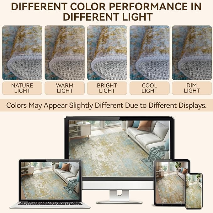 Washable Area Rugs 9'x12' Non-Slip Modern Abstract Soft for Living Room Entryway Bedroom Nursery, Print Pattern, Teal Blue Taupe