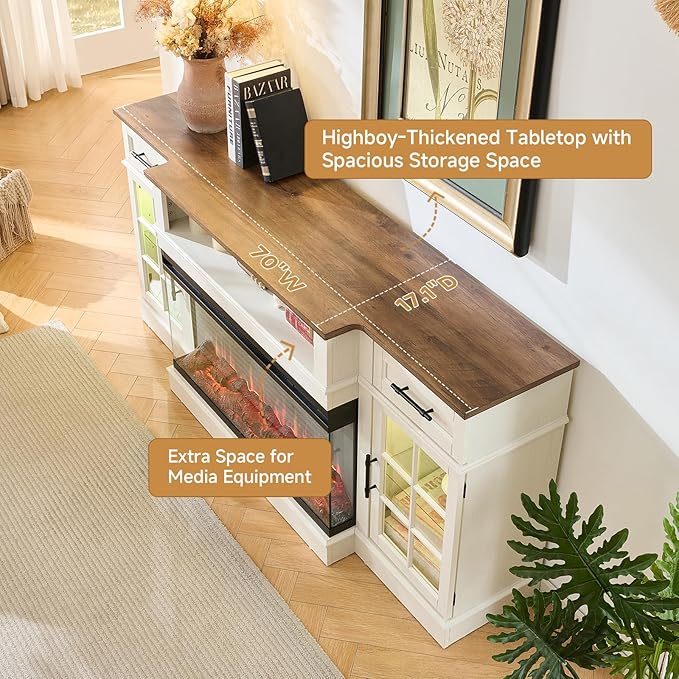 ROCKPOINT 3 Sided Glass 70" Fireplace TV Stand for TVs up to 80", Entertainment Center with Drawers and Glass Door Storage Cabinet for Living Room,36" Electric Fireplace & Adjustable LED Light,White