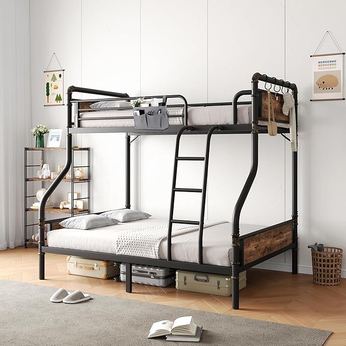 Metal Bunk Bed Twin Over Full, Industrial Bunkbeds Heavy Duty Bed with Safety Guard Rails and Space-Saving Design, Steel Bed for School, Bedroom (Vintage Brown)