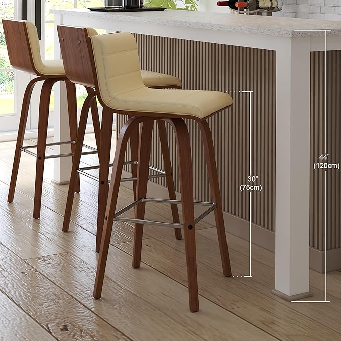 Vienna 30" Swivel Bar Stool in Walnut Wood Finish with Cream Faux Leather - Set of 4