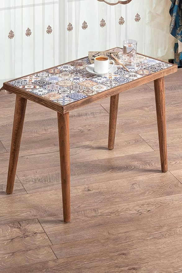 Comfyt Coffee Table, Side End Table, Nightstand Nesting Table Home Decor Bedside Table Accent Table Home Essentials Wood Tiled Top Rustic Ceramic Tiles Mexican Tile Table