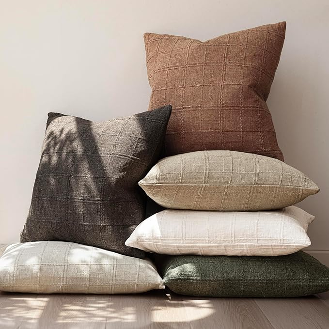 Foindtower Set of 2 Decorative Linen Check Throw Pillow Covers Neutral Farmhouse Vintage Cushion Covers Modern Boho Home Decor for Sofa Chair Couch Bedroom Living Room Outdoor,16×16 Inch,Dark Brown