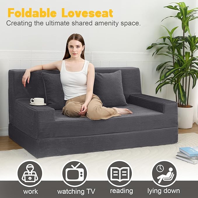 MeMoreCool Boneless Folding Sofa Bed Queen, Corduroy Convertible Sleeper Chair, Foldable Foam Mattress Chair, Comfy Fold‑Out Futon Couch Bed, Large Floor Sofa Couch for Living Room Guest