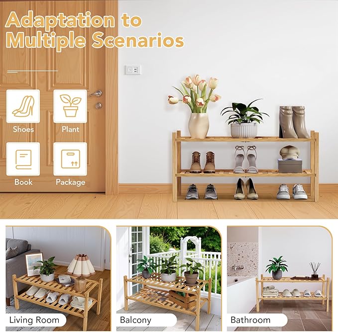 Haddockway 2 Tier Bamboo Shoe Rack Storage Organizer, Multifunctional Free Standing Stackable Shoe Shelf with Grid Panel for Closet,Hallway,Entryway,Small Space 27"x11"x13" (Natural, 2 Tier)
