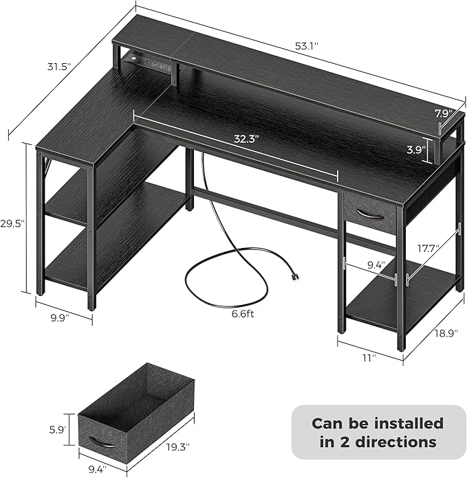 SUPERJARE 53 inch Reversible L Shaped Desk with LED Lights & Power Outlets, Computer Desk with Shelves & Monitor Stand, Gaming Desk with Drawer, Home Office Desk Corner Desk, Black