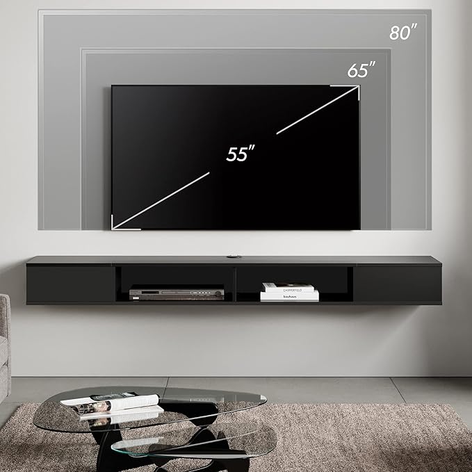 WAMPAT 70 inch Black Floating TV Stand, Entertainement Center Wall Mount for 75 inch TV, Media Console for Under TV with Storage for Living Room