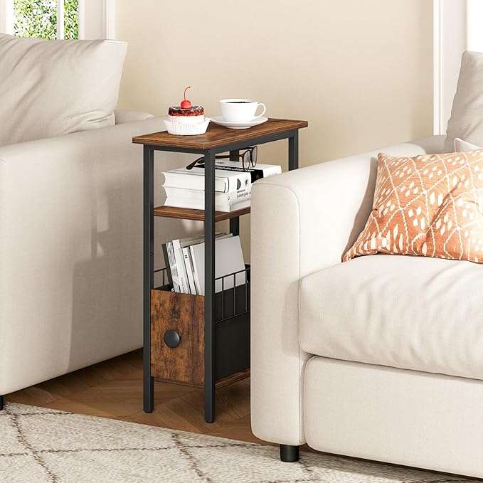 Snughome Narrow Side Table for Small Spaces, Slim End Table 3 Tier, Skinny Nightstand with Drawer, Sofa Beside Table with Storage Shelf for Living Room Bedroom