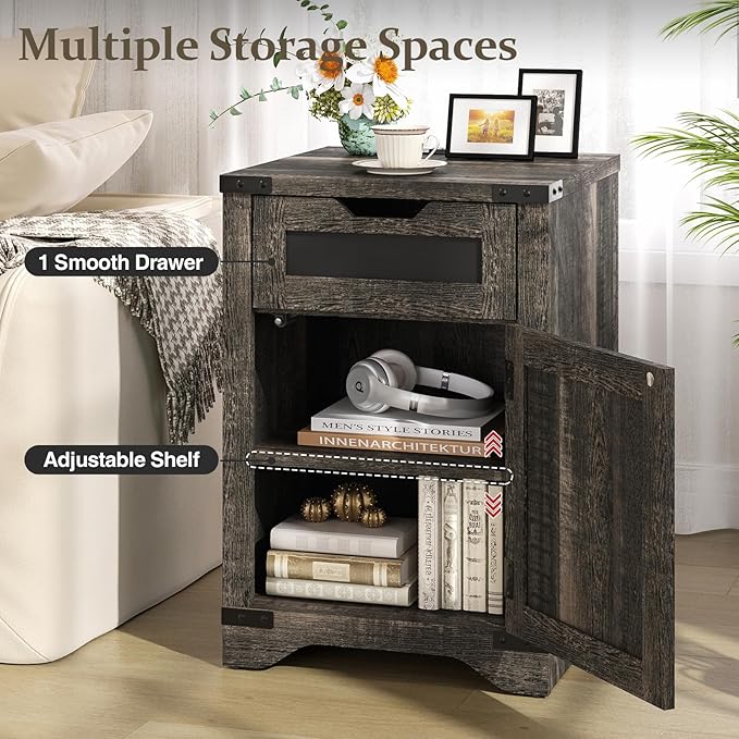 Farmhouse End Table Set of 2 with Charging Station, 26.4" Tall Rustic Nightstand with Drawer and X Barn Door, Country Bedside Sofa Side Table for Living Room, Dark Brown