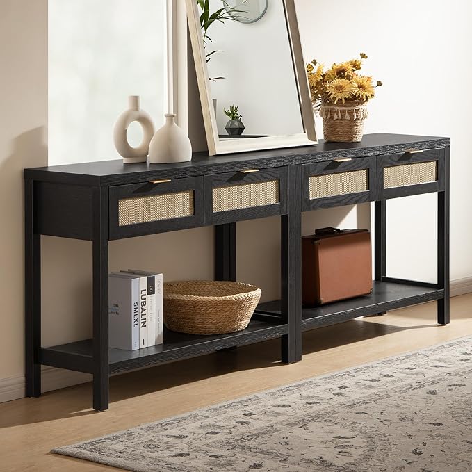 SICOTAS Black Console Table Set of 2 - Boho Entryway Table with Rattan Drawers, 2 Tier Shelf, Narrow Long Sofa Tables for Living Room, Entry Table for Hallway, Foyer