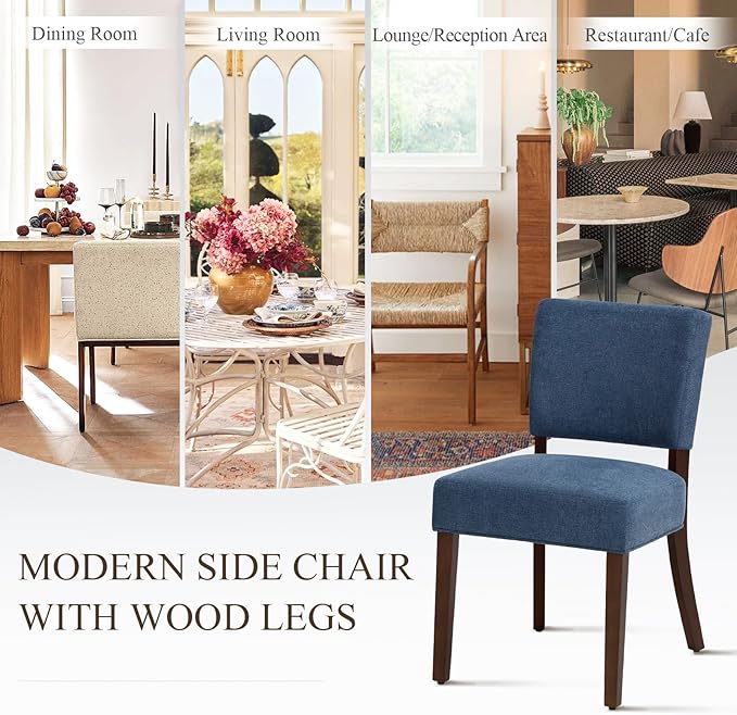 COLAMY Mid Century Modern Dining Chairs Set of 6, Upholstered Kitchen Chairs with Back, Farmhouse Fabric Side Dining Room Chairs with Wood Legs for Dining Room Kitchen Restaurant, Blue