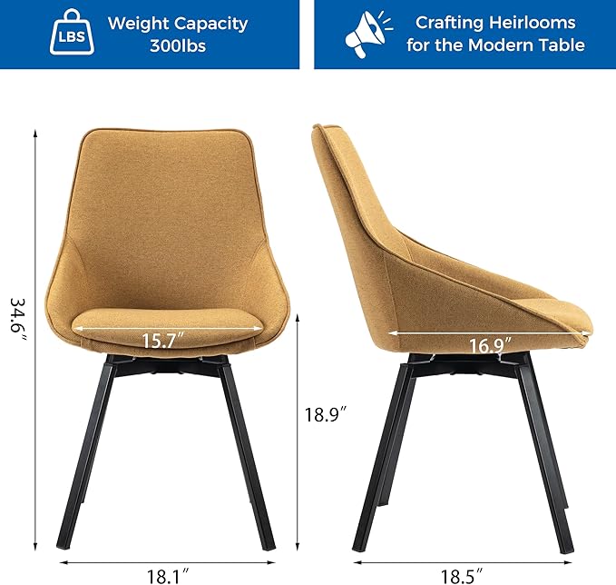 Dining Chairs Set of 2 Yellow Living Room Chairs Fabric Upholstered Kitchen Chairs,Loads Up to 270lbs,Quick Assembly,Swivel Dining Chair
