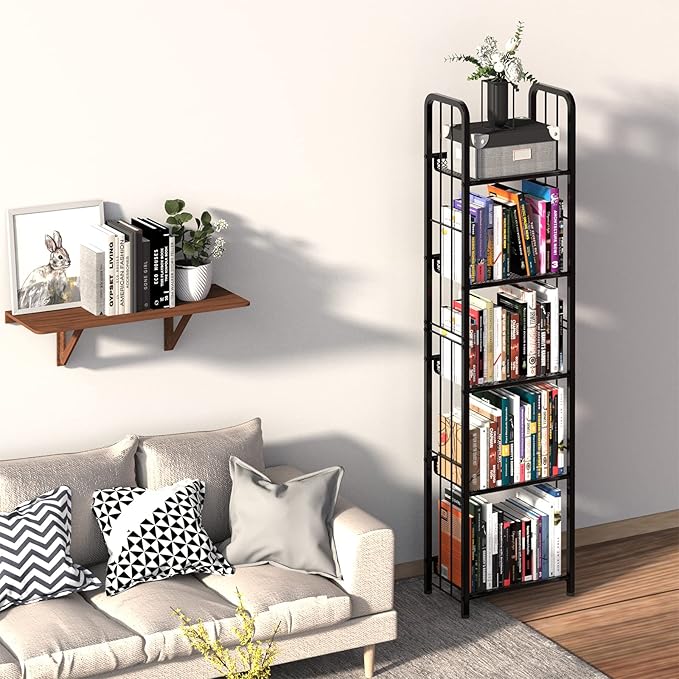 Bookshelf Storage Shelf Bookcase Freestanding Storage Stand for Living Room, Bedroom, Kitchen Rust Resistance Easy Assembly Free Combination Multi-Functional Organizer (5 Tiers, Black)