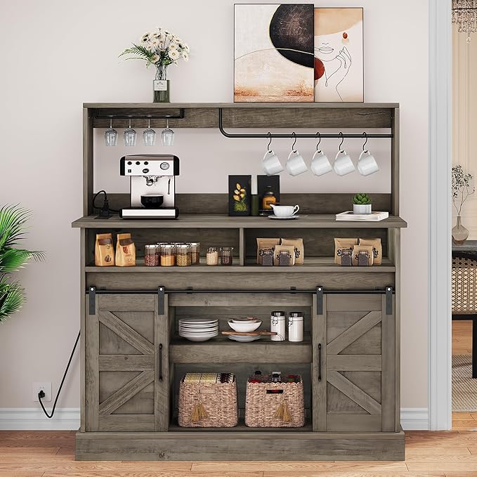 YITAHOME Buffet Cabinets with Storage, 47" Coffee Bar with Goblet Holder & Power Outlet, Farmhouse Sideboard Cabinets with Sliding Barn Doors for Kitchen, Living Room (Rustic Grey Oak)