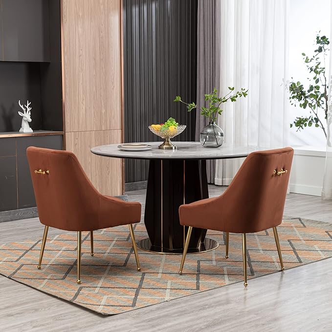 Velvet Dining Chairs Set of 2, Furniture Collection Modern Contemporary Upholstered with Polished Gold Metal Legs(Brown, Set of 2)