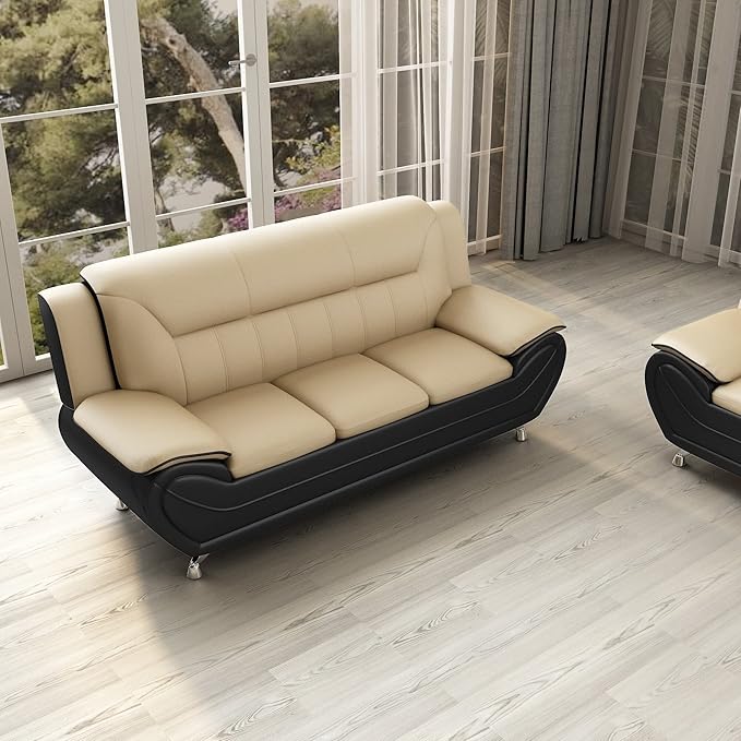 Container Furniture Direct Michael Modern Faux Leather Upholstered Stainless Steel Legs Living Room Sofa, Loveseat, Camel/Black