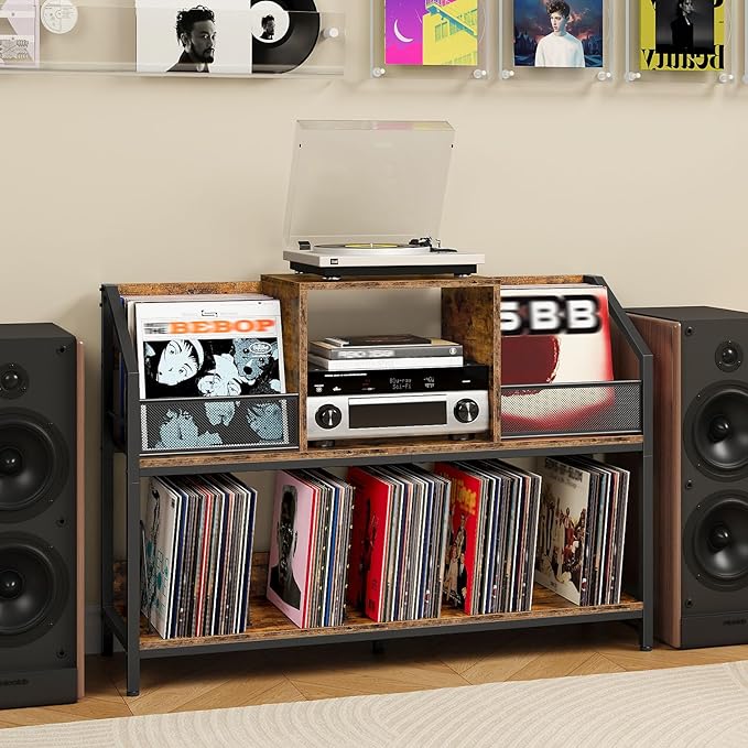 Large Record Player Table, Holds up to 400 Albums, Medieval Rustic Vinyl Record Player Display Stand, Removable Dividers, for CD and Audio Equipment Storage, Rustic Brown TCW77BF