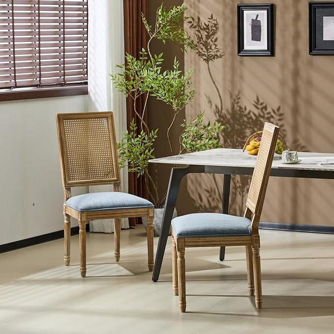 Merax Upholstered Solid Wood Dining Chairs Set of 2, French Country Style Accent Side Seating Furniture for Kitchen, Living Room, Wicker Back, Slate Blue