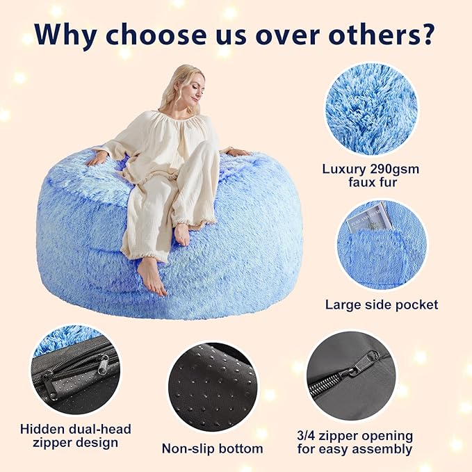 Bean Bag Covers Only, Fluffy Stuffed Beanbag Chair Covers No Filler, Washable Bean Bags Cover for Adults, Stuffed Animal Bean Bag Anti-Slip, 6FT, Blue