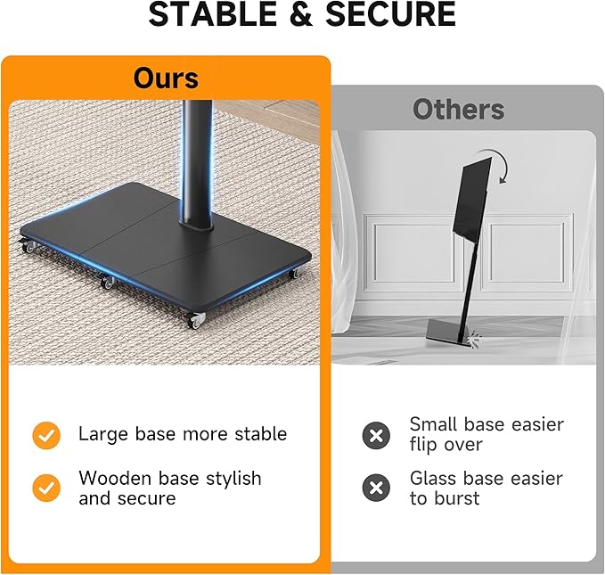Tall Floor TV Stand for 32-75" TV Portable Rolling TV Cart with Wheels Height Adjustable with Wood Base, Holds up to 88 lbs, Max VESA 600x400mm TS005HB