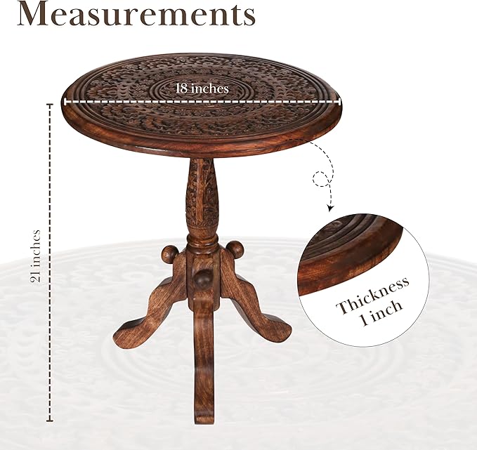 The Wooden Town Handcrafted Carved Round Side Table – 18x21 Inch Coffee Table for Living Room | Solid Wood Accent End Table with Pedestal Base | Altar Table for Home Décor