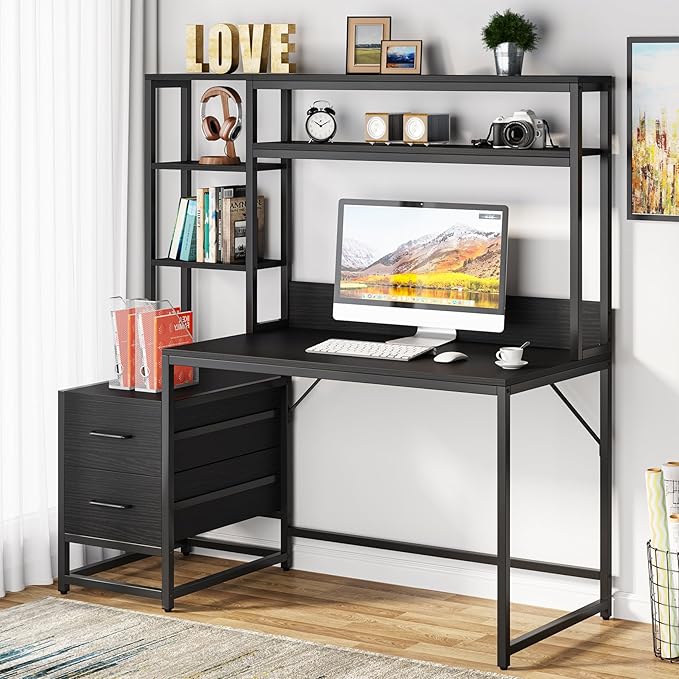 Tribesigns 55 Inch Computer Desk with 2 Drawers and Storage Shelves, Rustic Office Desk with Hutch, Study Writing Gaming Table Laptop Workstation for Home Office (Black)