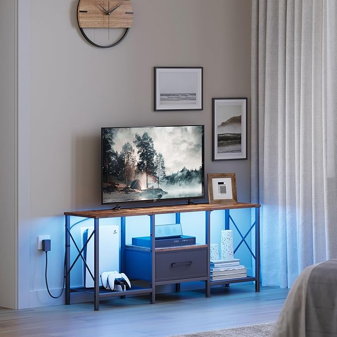 LED TV Stand with Fabric Drawer, Entertainment Center for 50 55 Inch TV, Industrial TV Console Table with Open Storage Shelves for Living Room, Bedroom, Rustic Brown