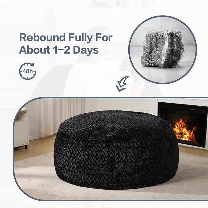 Hobestluk 5ft Bean Bag Chairs for Adults Large Beanbag Chair with Chevron Plush Fur Cover Big Bean Bag Chair for Living Room Bedroom Dorm Office - Black (50” x 50” x 24”)