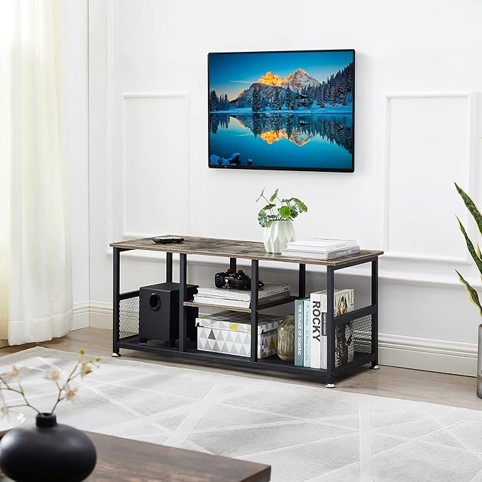 VECELO TV Stand Up to 50 Inches, 39 Inch Industrial Entertainment Center Media Console with Open Storage Shelves, Wooden Coffee Table with Metal Frame, Grey