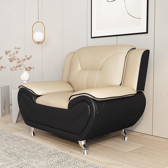 Container Furniture Direct Michael Modern Faux Leather Upholstered Stainless Steel Legs Living Room Sofa, Chair, Camel/Black
