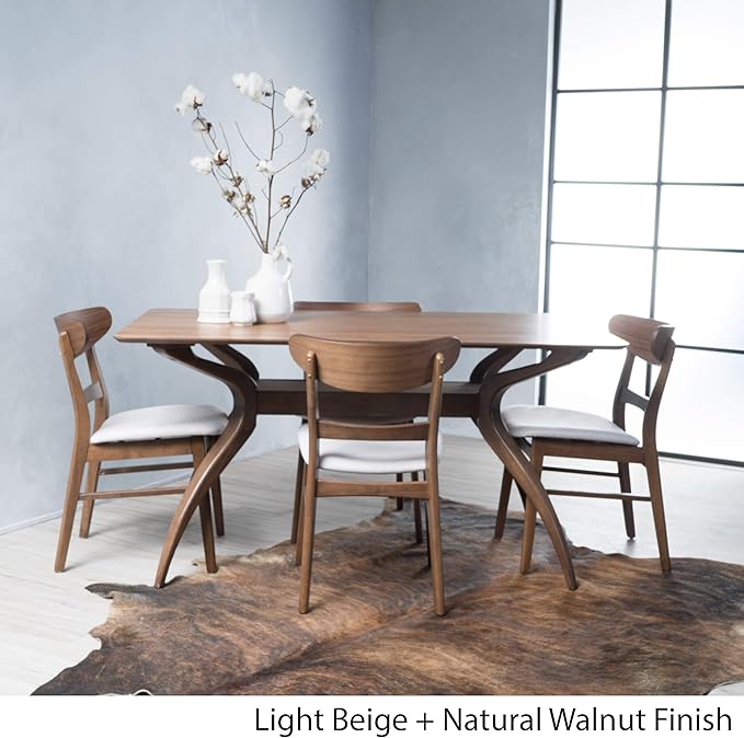 Christopher Knight Home Idalia Curved Leg Rectangular Dining Set, 5-Pcs Set, Natural Walnut / Light Beige