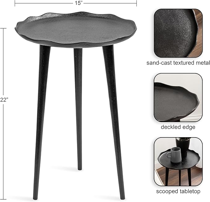 Kate and Laurel Alessia Modern Round Metal Side Table; 15 x 15 x 22; Black; Decorative Cast Aluminum End Table with Deckled Edge for Bedroom Nightstand or Living Room Accent