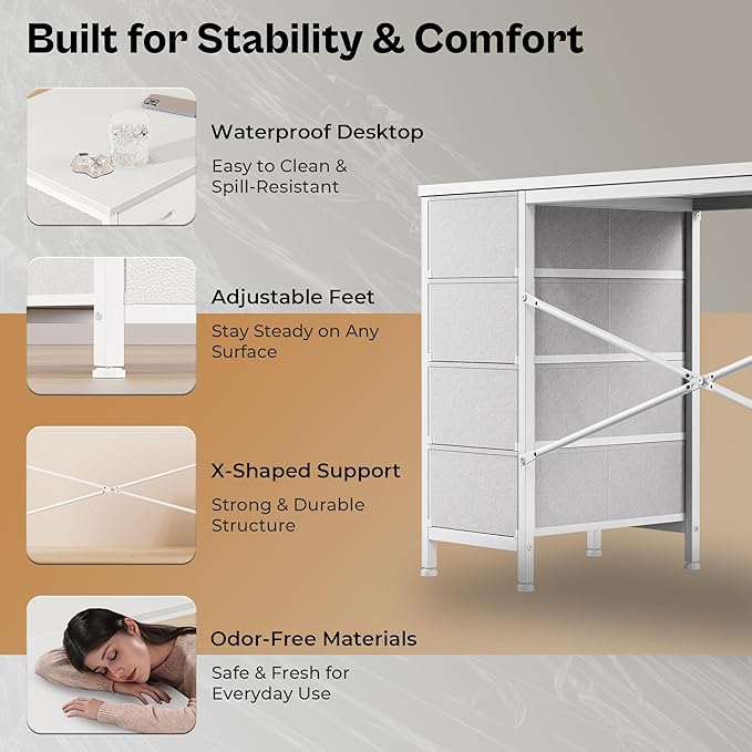 Huuger 63 Inch L Shaped Desk with Fabric Drawers, Reversible Computer Gaming Desk with Power Outlets and USB-C Port, Adjustable Side Storage Shelves, for Work Study Corner Home Office, White