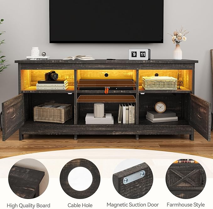 DWVO TV Stand for up to 65 Inch TV, Entertainment Center with Storage, TV Cabinet with Power Outlet & LED Light Strip, Media Console Television Stands for Living Room, Dark Rustic Oak