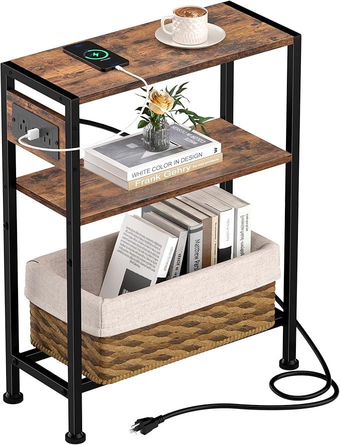 Small Narrow Side Table with Charging Station, Skinny End Table for Small Spaces, Slim Nightstand with Outlets, Sofa Bedside Table in Living Room, Bedroom, Study, Kitchen and Balcony (Rustic Brown)