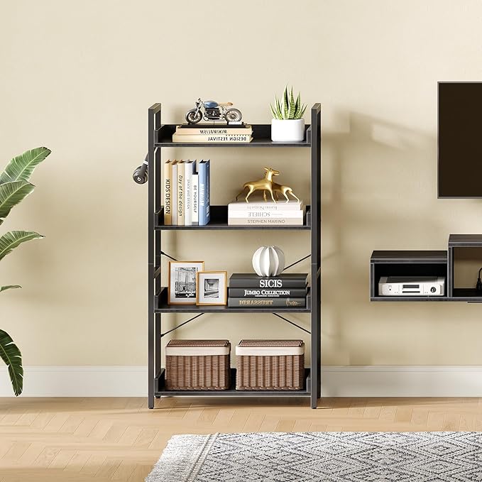 Rolanstar Bookshelf 4 Tier with 4 Hooks, Industrial Bookcase, Vintage Storage Rack with Open Shelves, Rustic Standing Bookshelves Metal Frame Display Rack for Living Room, Bedroom, Black