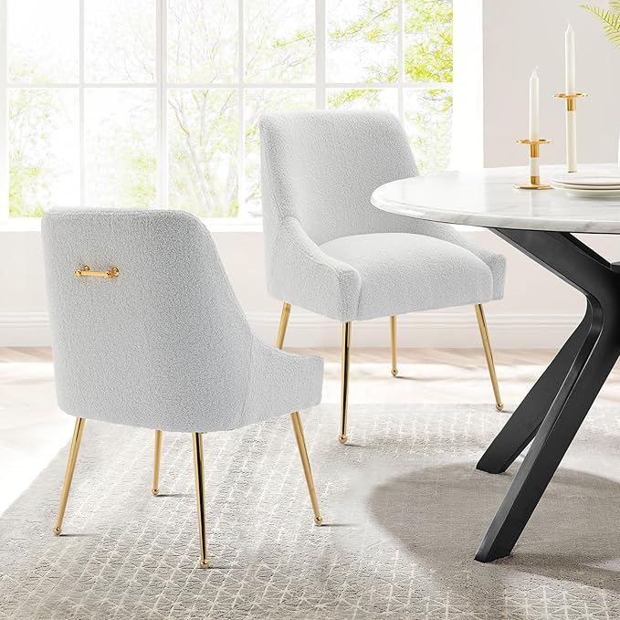 Modern Velvet Dining Chairs Set of 2, Contemporary Upholstered Furniture Collection with Polished Gold Metal Legs, Elegant Accent Chairs for Kitchen Living Room(Teddy Fleece,White)
