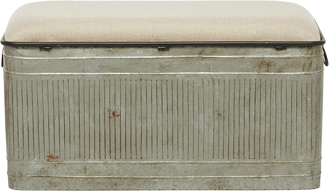 Deco 79 Metal Room Storage Bench Galvanized Entryway Bench with Cream Burlap Top and Black Latches, Bench 38" x 16" x 19", Gray