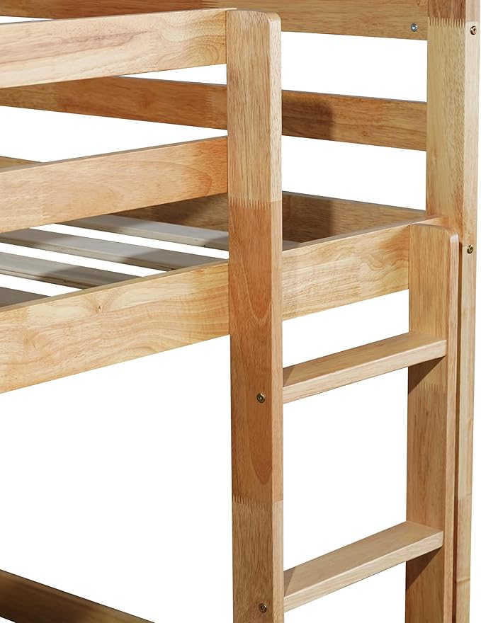 Ball & Cast Bunk Bed Twin Over Twin,Floor Bunk Bed with Ladder,Solid Rubber Wooden Bed Frame w/Full Length Guardrail,for Dormitory, No Box Spring Needed,for Kids Teens,Natural