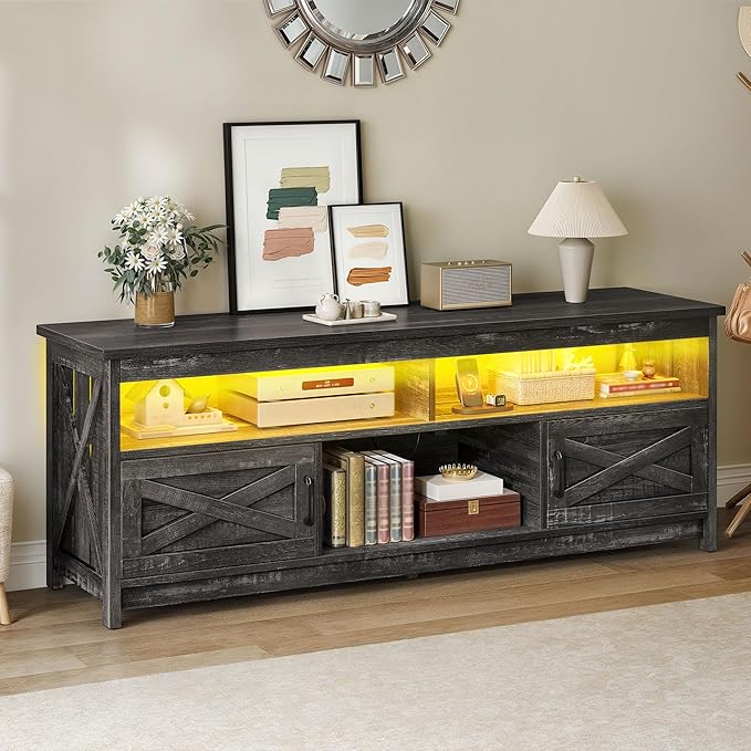 YITAHOME Farmhouse TV Stand for 65/75 Inch TV LED Entertainment Center Television Stand with Power Outlets and Open Shelf, Media Console TV Cabinet for Living Room, Dark Grey