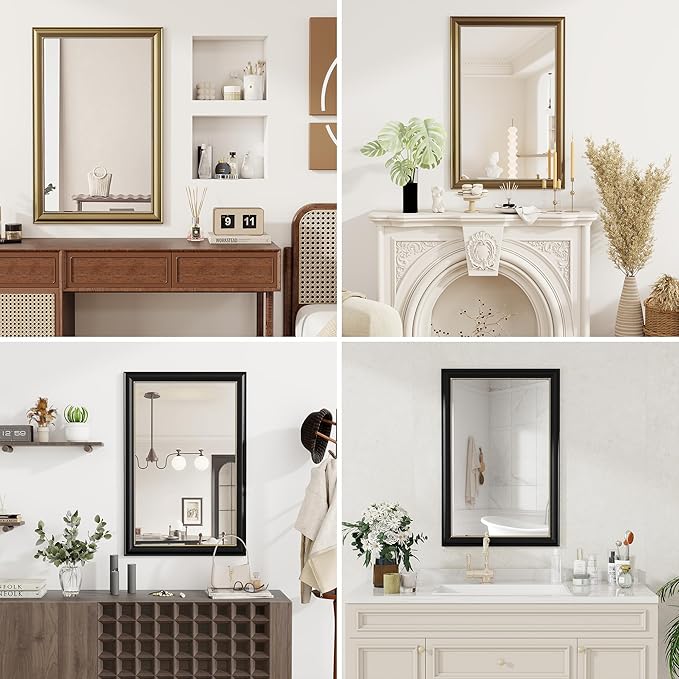 Axeman 28x36 Rectangular Wall Mirror, Decorative Bathroom Mirror, Traditional Vintage Wall Mounted Mirror with Beaded Frame for Accent Living Room Vanity Bedroom Entryway, Gold