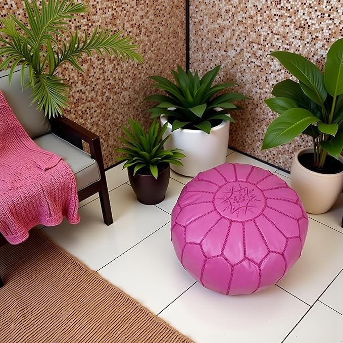 Stuffed Round Design Moroccan Leather Pouf Ottoman, Handmade, Pre-Filled, 100% Genuine Leather, 13” Height x 20” Diameter, Footstool & Living Room Décor (Fuchsia)
