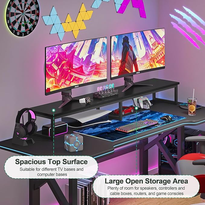 Clikuutory 59" Large TV Riser for 32-75 inch TVs, Tabletop Stand with Steel Legs, Storage & Dual - Screen Office Desk Function, Ideal for Home Office, Bedroom, Living Room, Black