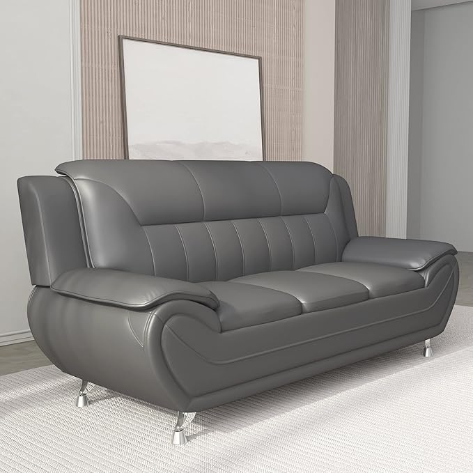 Container Furniture Direct Michael Modern Faux Leather Upholstered Stainless Steel Legs Living Room Sofa, Sleek Gray