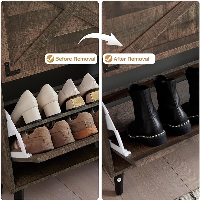 Shoe Storage Cabinet,Farmhouse Shoe Organizer with 2 Flip Drawers & Barn Door Design,Freestanding Hidden Slim Narrow Shoe Rack Cabinet for Entryway,Foyer,Hallway,Rustic Brown