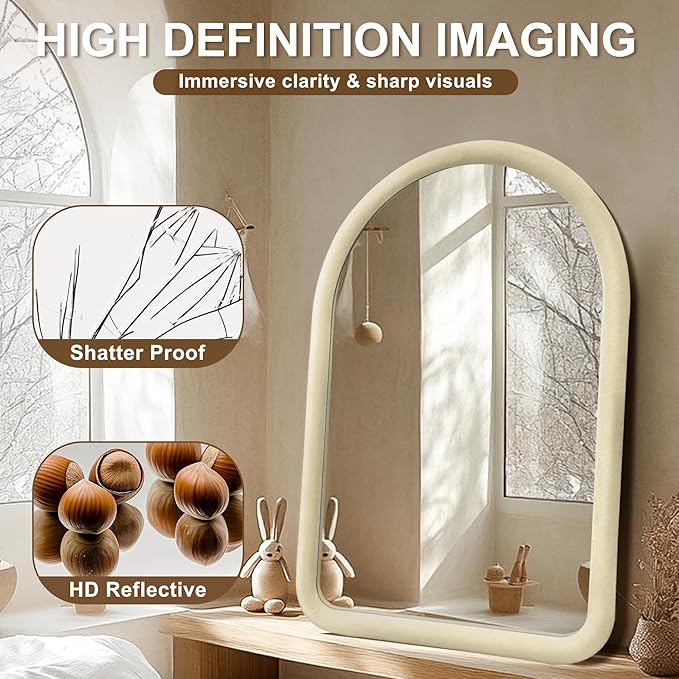 36"x24" Arched Bathroom Mirror, Wall Mounted Vanity Velvet Frame Mirror for Bedroom, Entryway, Living Room, Cream White
